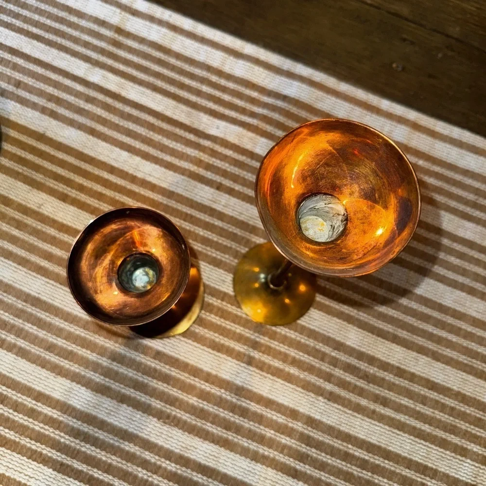 Vintage Made in India Brass and Copper Candlestick Holders Shelf Decor Set of 2